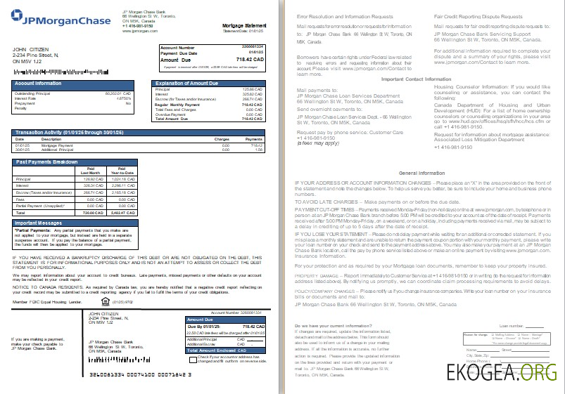 Canada Relevé hypothécaire de la JP Morgan Chase Bank, 2 pages, 1, 2 scr